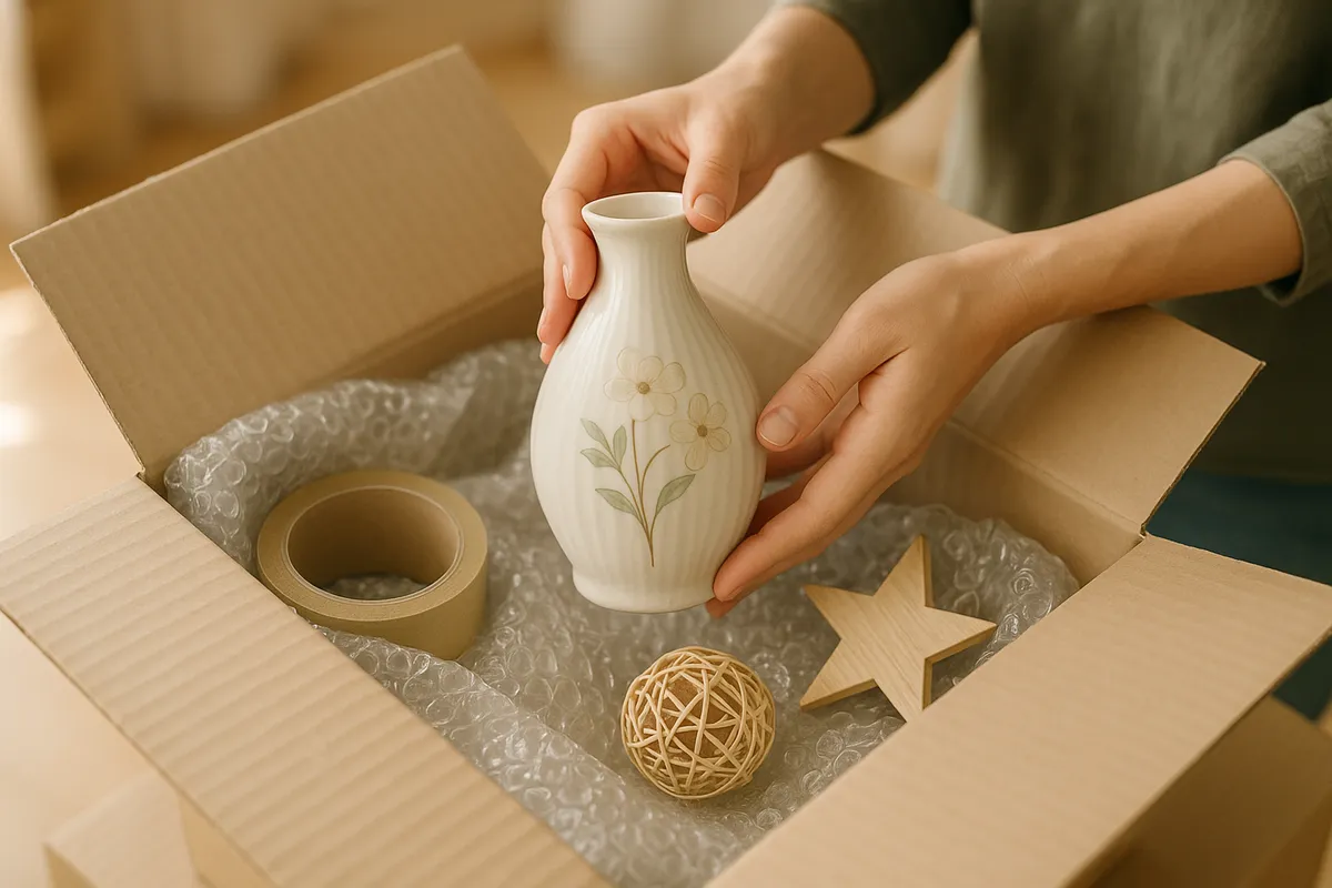 A person carefully placing a vase into a box filled with packing materials, illustrating careful furniture removal.