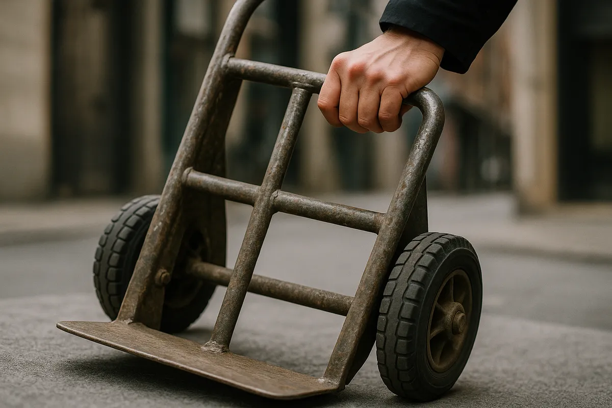 A close-up of a hand truck with rubber wheels, highlighting the effort needed for furniture removal.