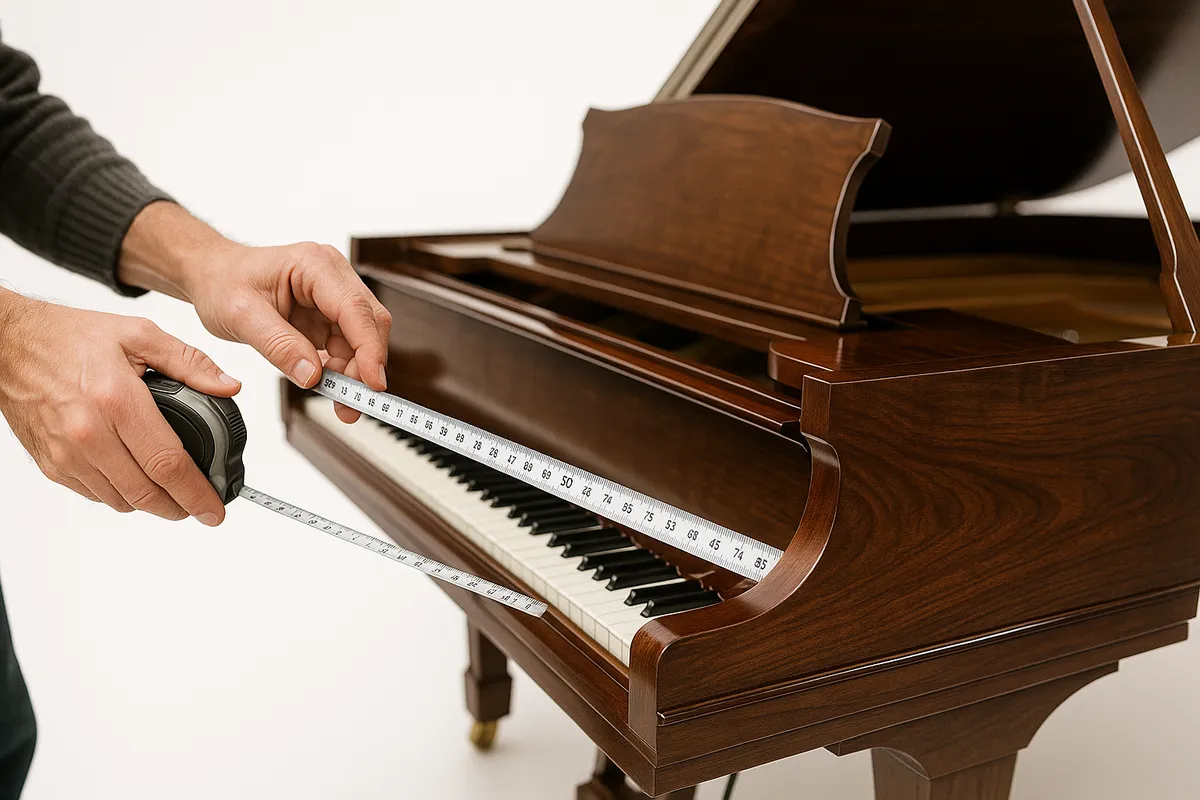 A person measuring a grand piano's polished surface and wood grain, emphasizing careful preparation for removal.